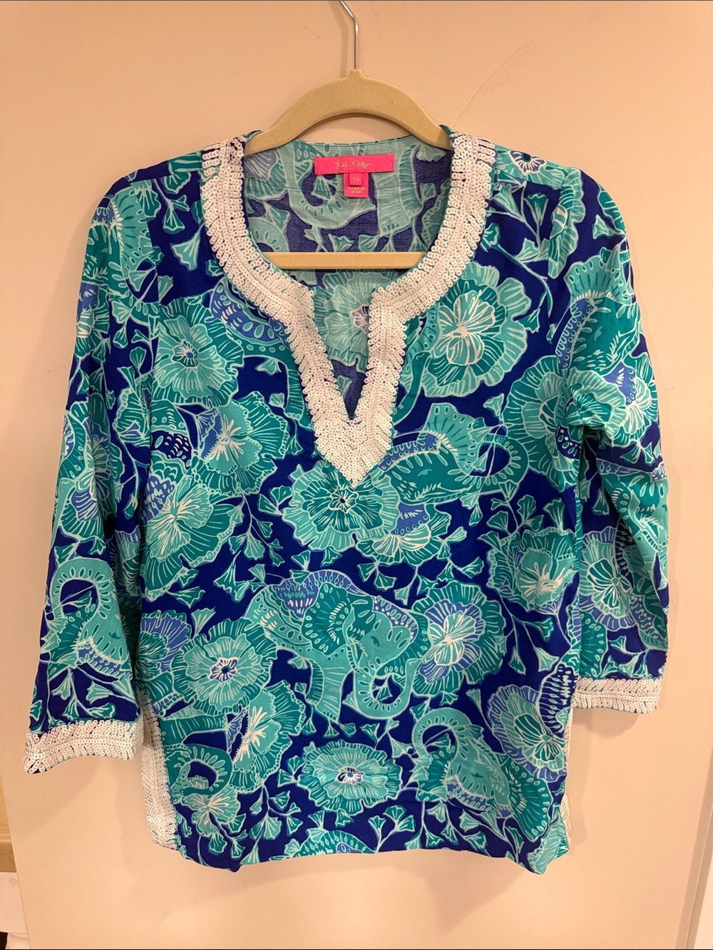 Lilly Pulitzer Navy & Aqua Floral Tunic with White Trim